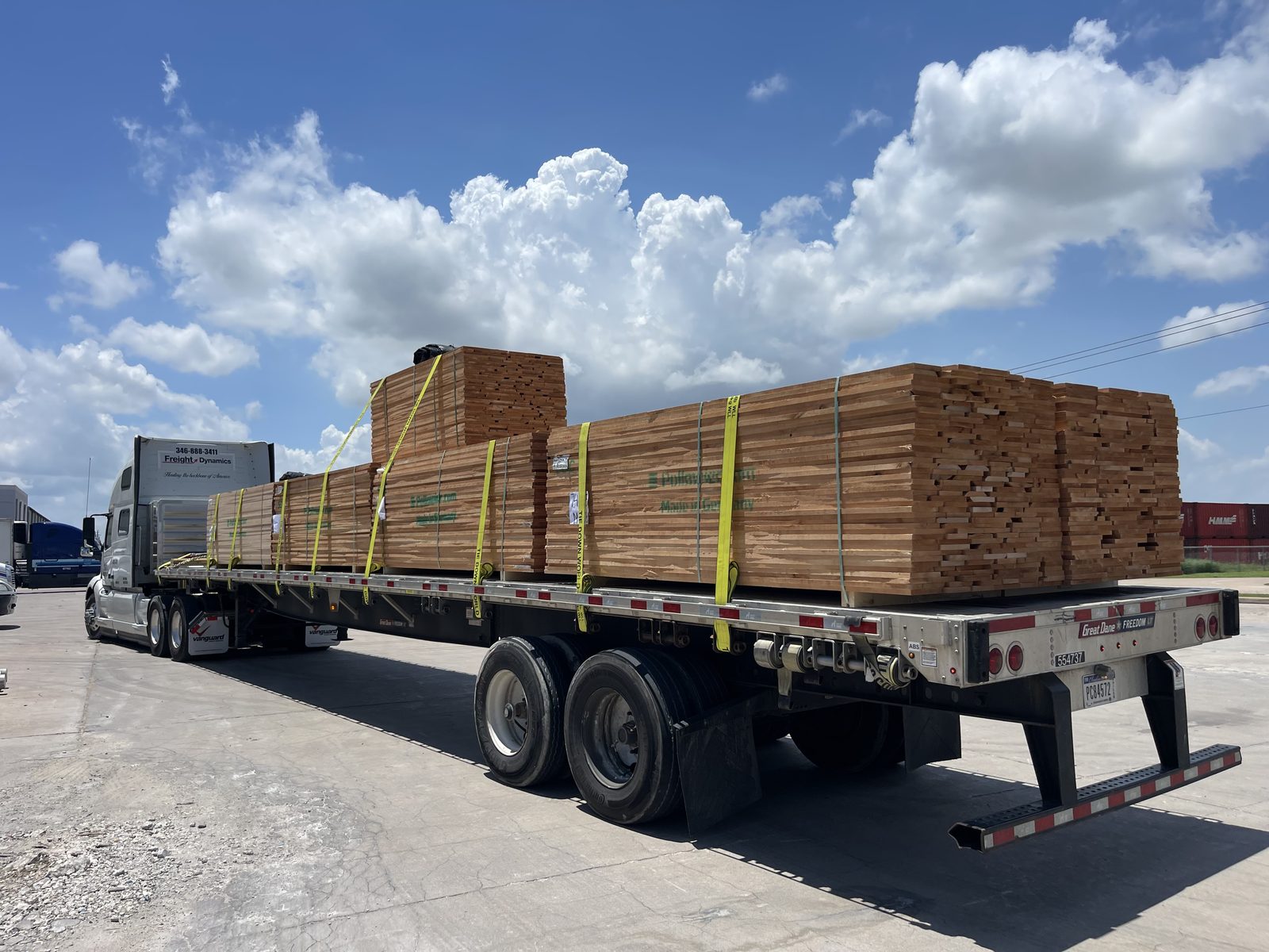 Strapped lumber load on flatbed